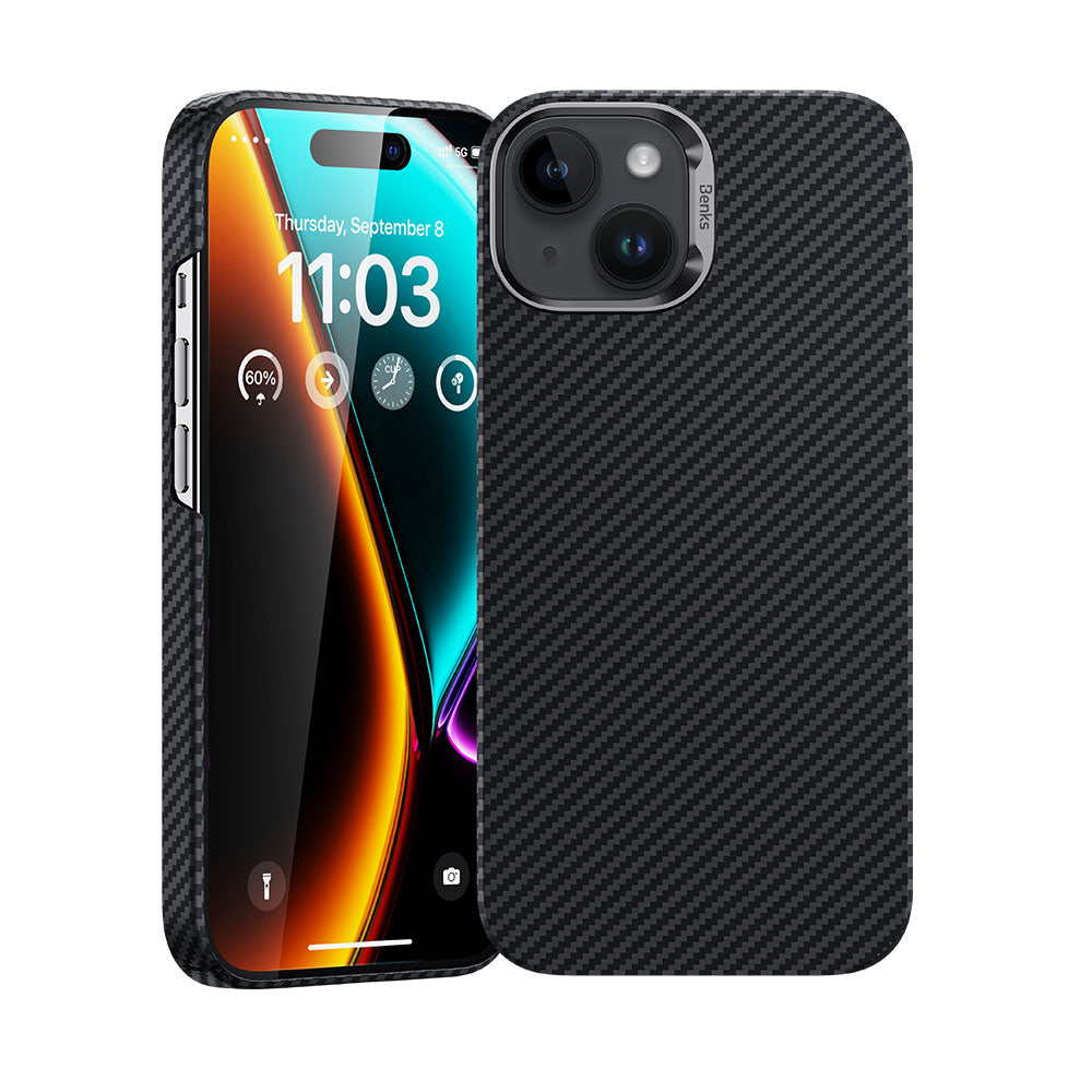 Apple iPhone 15 Kılıf Magsafe Özellikli Karbon Fiber Benks Essential ArmorAir 600D Kevlar Kapak Siyah