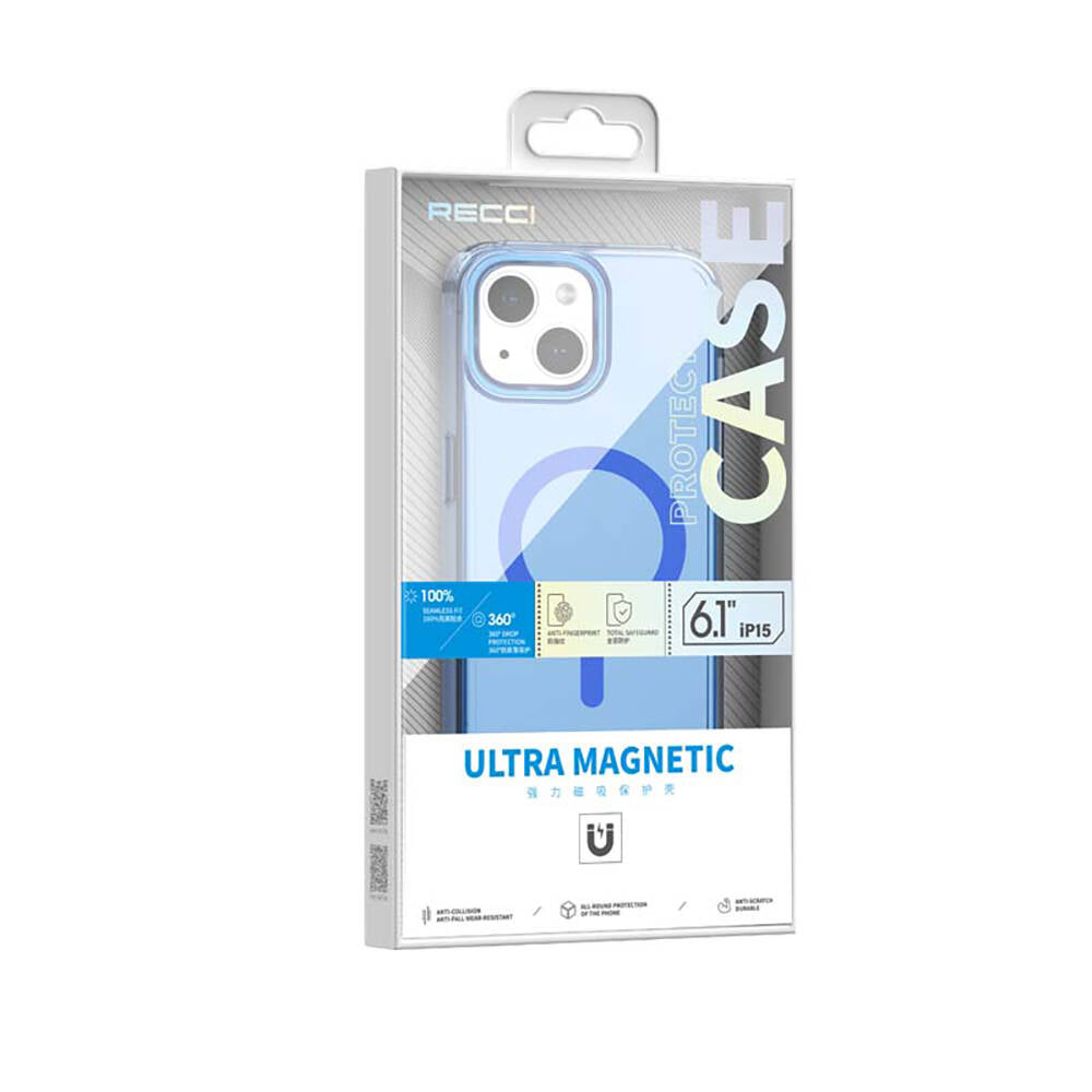 Apple iPhone 15 Kılıf Magsafe Şarj Özellikli Saydam Arka Yüzey Recci Crystal Color Serisi Kapak Mavi