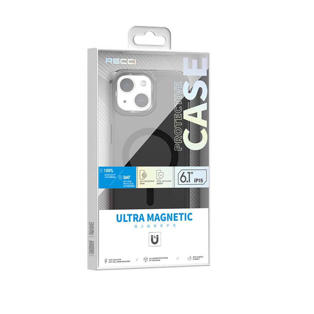 Apple iPhone 15 Kılıf Magsafe Şarj Özellikli Saydam Arka Yüzey Recci Crystal Color Serisi Kapak Mavi