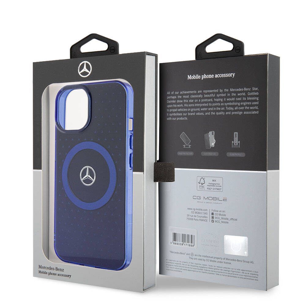 Apple iPhone 15 Kılıf Mercedes Benz Orjinal Lisanslı Magsafe Şarj Özellikli Çift Katmanlı Mavi Yıldız Desenli Kapak Mavi