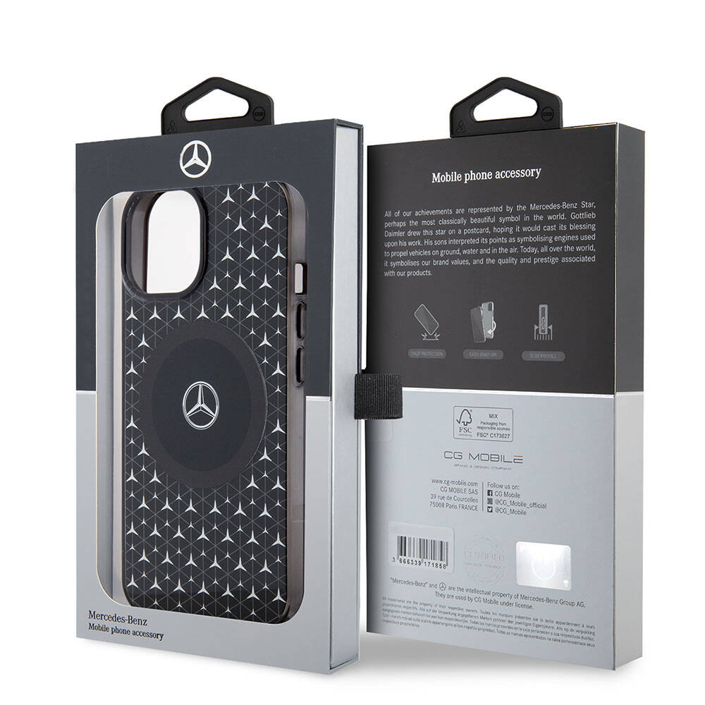 Apple iPhone 15 Kılıf Mercedes Benz Orjinal Lisanslı Magsafe Şarj Özellikli Çift Katmanlı Mini Yıldız Desenli Kapak Siyah