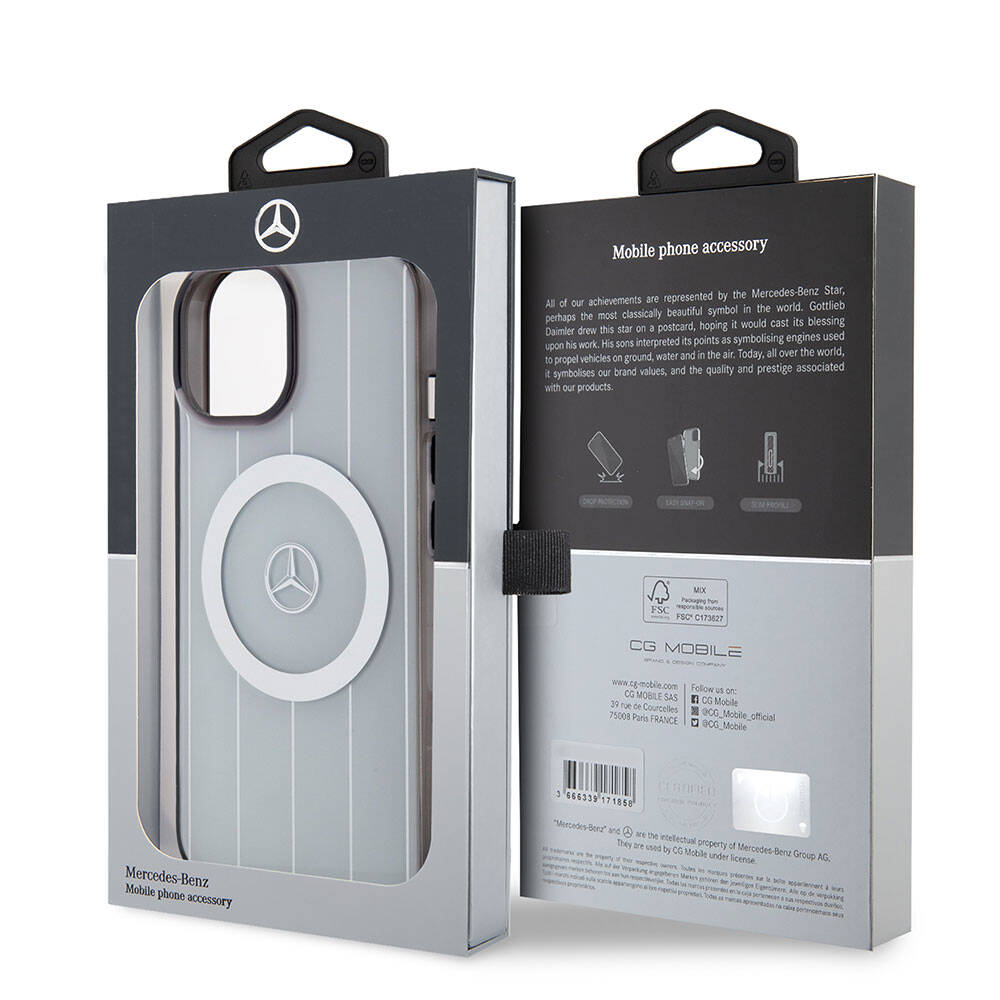 Apple iPhone 15 Kılıf Mercedes Benz Orjinal Lisanslı Magsafe Şarj Özellikli Çift Katmanlı Paralel Çizgi Desenli Kapak Beyaz