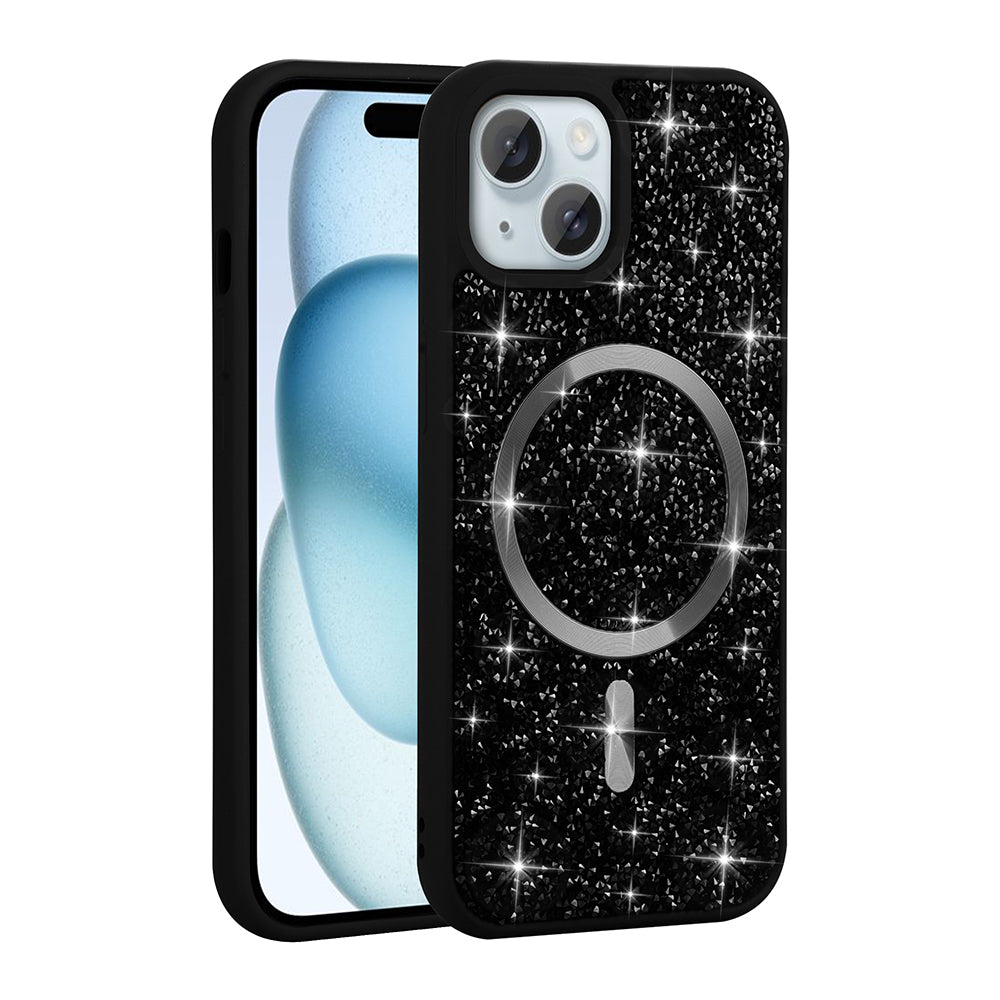 Apple iPhone 15 Kılıf Pırlanta Tasarımlı M-safe Şarj Özellikli Zore Mozaik Silikon Kapak Titanyum-Gri