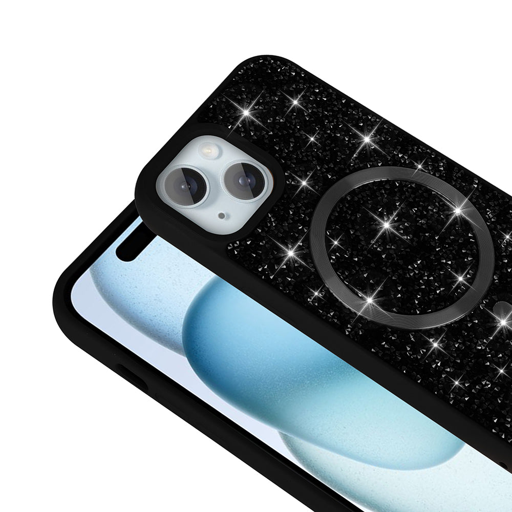 Apple iPhone 15 Kılıf Pırlanta Tasarımlı M-safe Şarj Özellikli Zore Mozaik Silikon Kapak Desert Titanyum