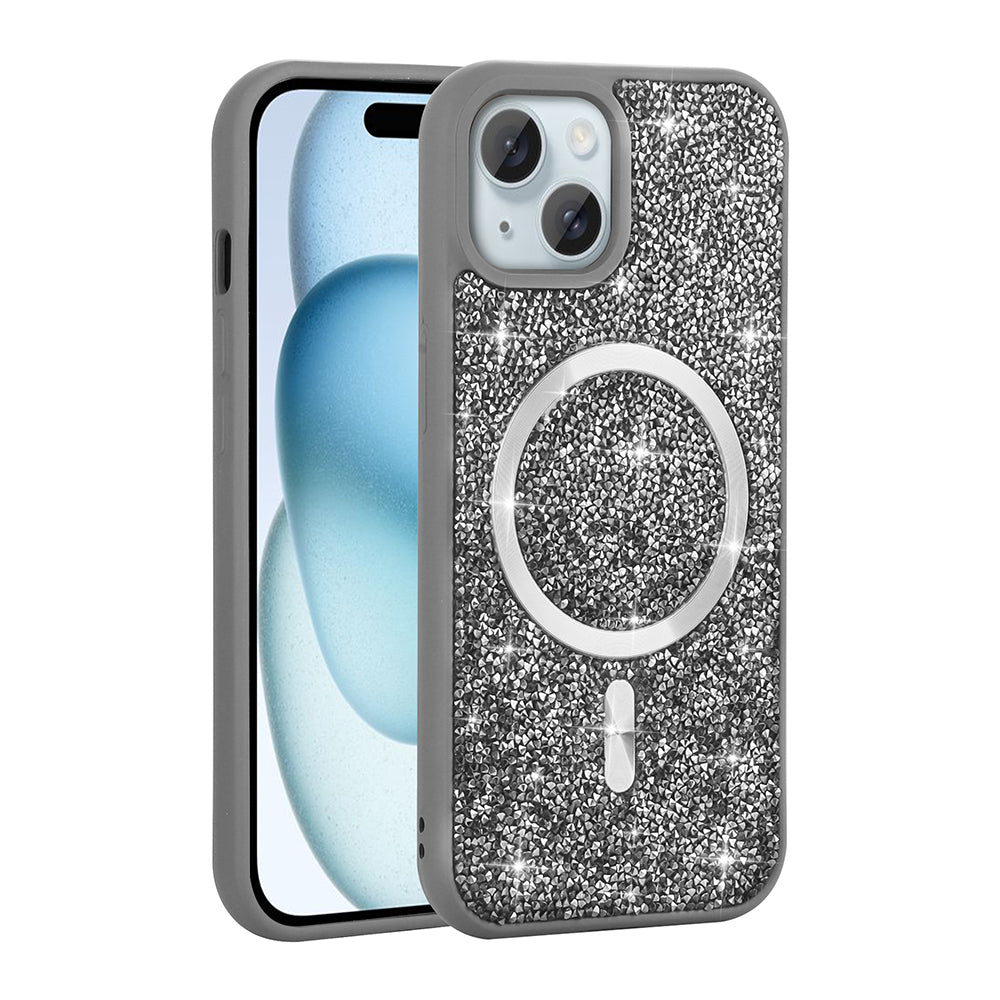 Apple iPhone 15 Kılıf Pırlanta Tasarımlı M-safe Şarj Özellikli Zore Mozaik Silikon Kapak Siyah