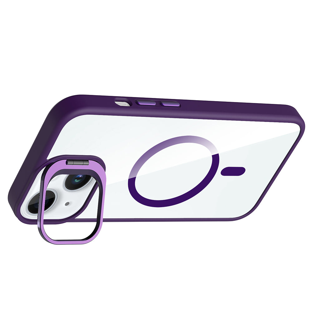 Apple iPhone 15 Kılıf Standlı ve Kamera Lens Hediyeli M-Safe Şarj Özellikli Zore Etro Kapak Derin Mor