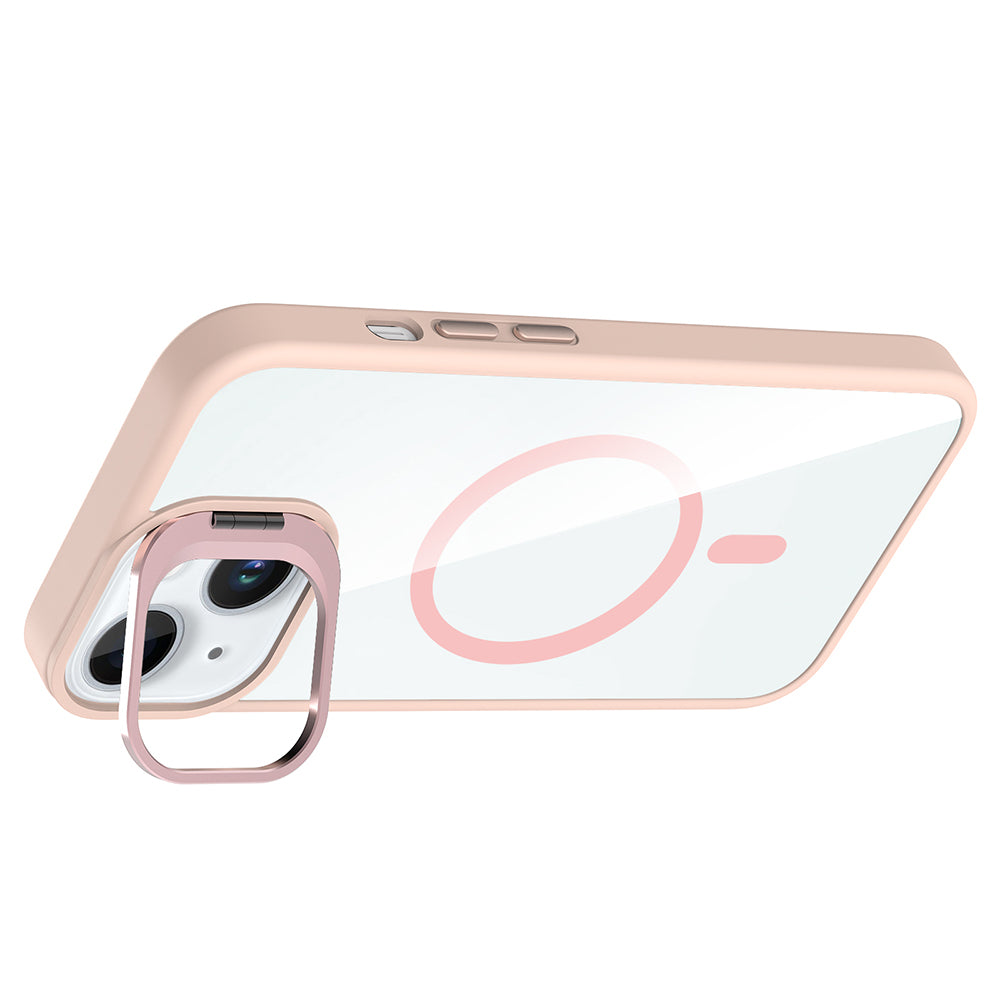 Apple iPhone 15 Kılıf Standlı ve Kamera Lens Hediyeli M-Safe Şarj Özellikli Zore Etro Kapak Pembe