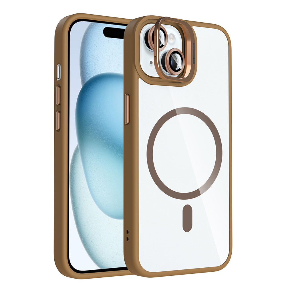 Apple iPhone 15 Kılıf Standlı ve Kamera Lens Hediyeli M-Safe Şarj Özellikli Zore Etro Kapak Pembe