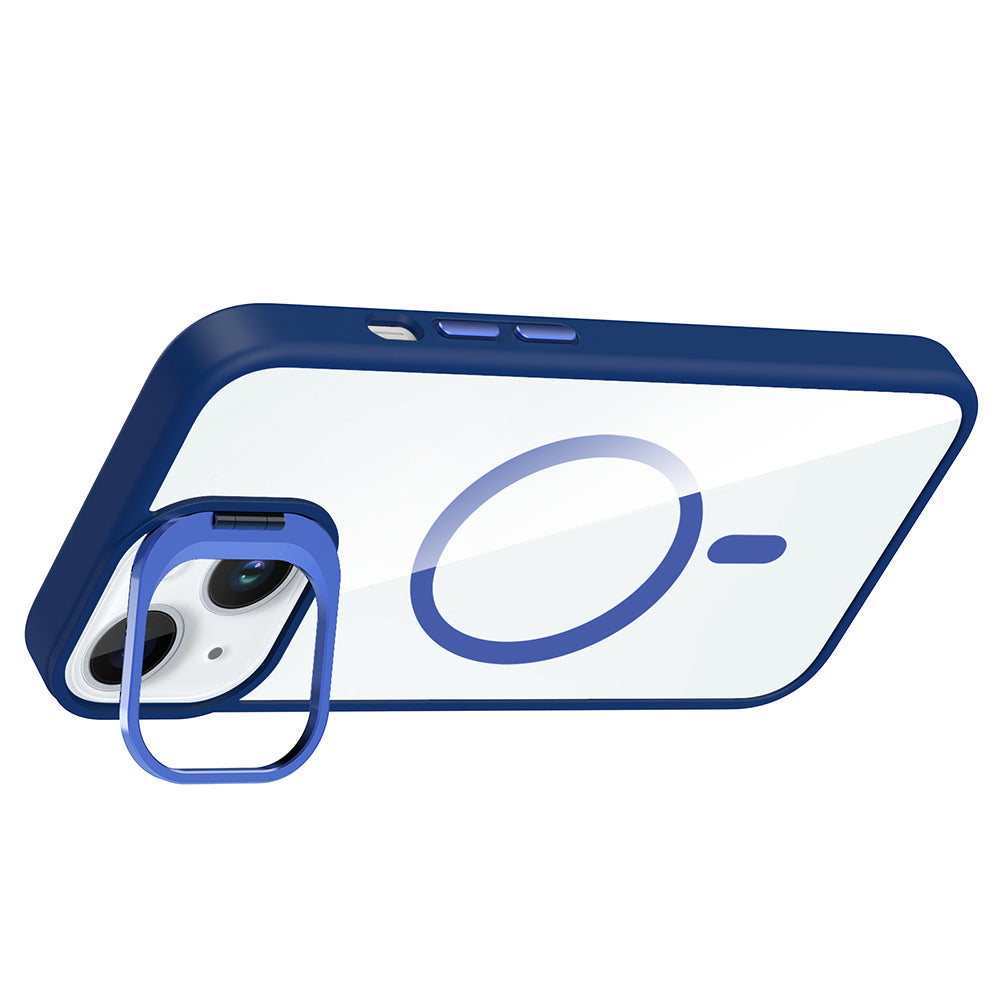 Apple iPhone 15 Kılıf Standlı ve Kamera Lens Hediyeli M-Safe Şarj Özellikli Zore Etro Kapak Gri