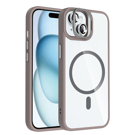 Apple iPhone 15 Kılıf Standlı ve Kamera Lens Hediyeli M-Safe Şarj Özellikli Zore Etro Kapak Gri