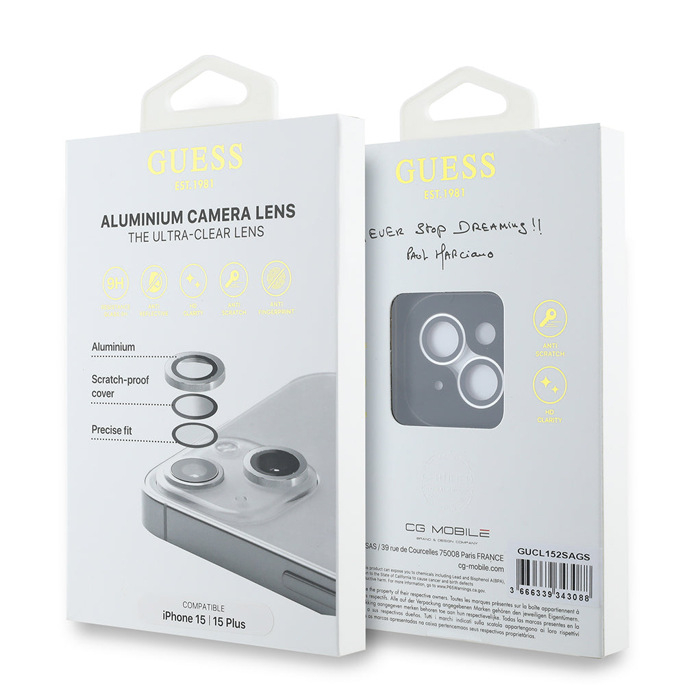 Apple iPhone 15 Plus Guess Orjinal Lisanslı Metal Kamera Lens Koruyucu Siyah