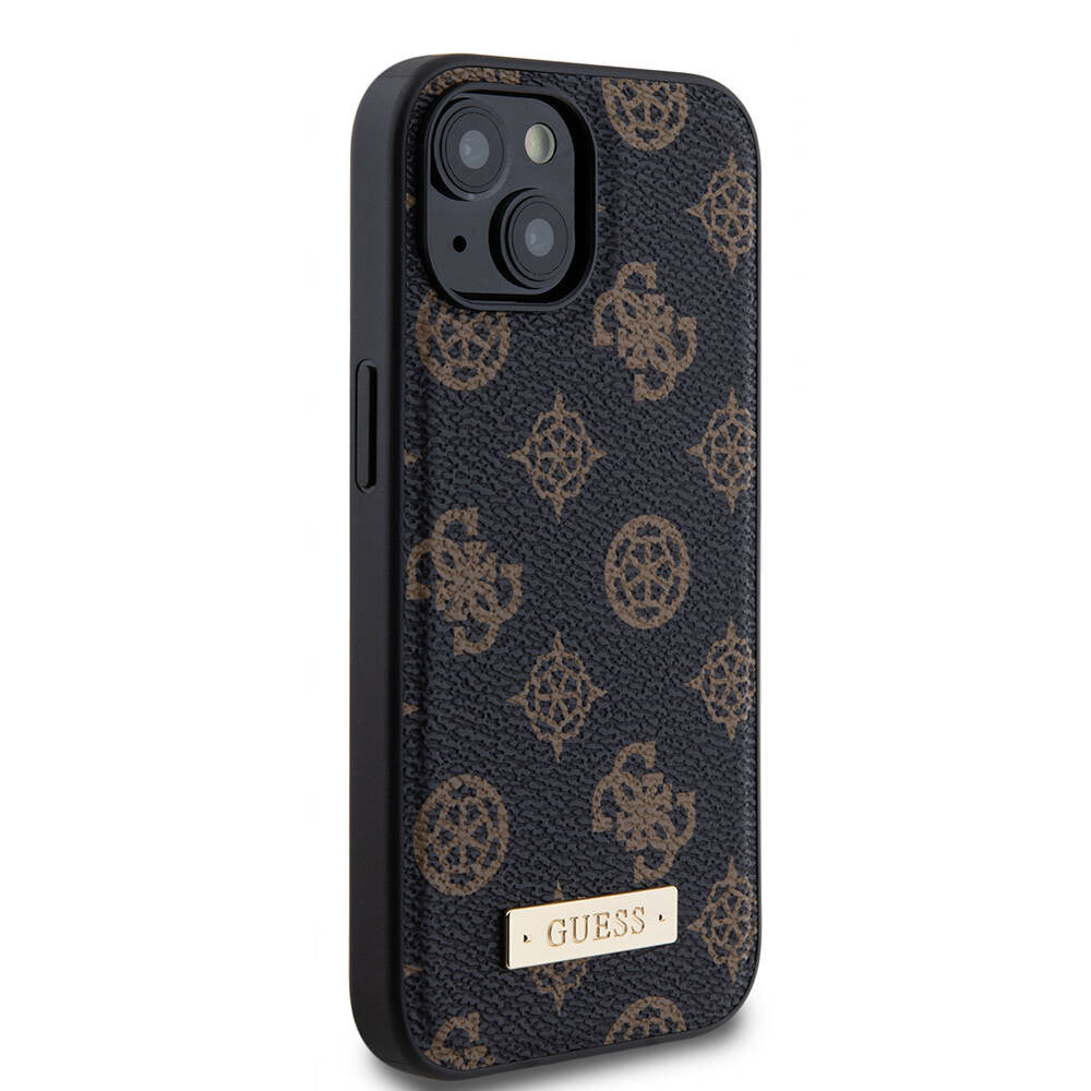Apple iPhone 15 Plus Kılıf Guess Magsafe Şarj Özellikli PU Deri Desenli Metal Plaka Logolu Kapak Siyah