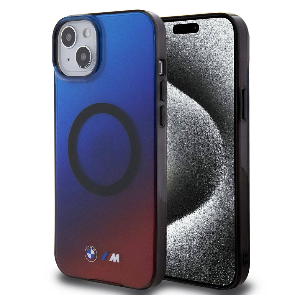 Apple iPhone 15 Plus Kılıf BMW Magsafe Şarj Özellikli Transparan Renk Geçişli Dizayn Orjinal Lisanslı Kapak Mavi-Kırmızı