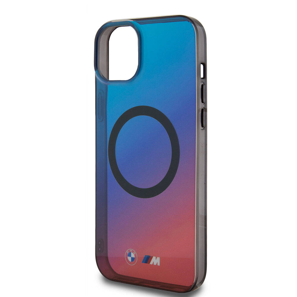 Apple iPhone 15 Plus Kılıf BMW Magsafe Şarj Özellikli Transparan Renk Geçişli Dizayn Orjinal Lisanslı Kapak Mavi-Kırmızı