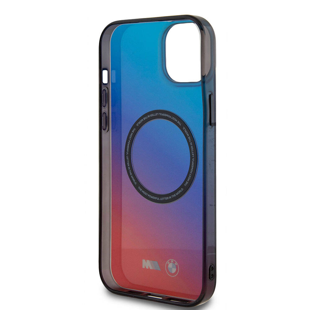 Apple iPhone 15 Plus Kılıf BMW Magsafe Şarj Özellikli Transparan Renk Geçişli Dizayn Orjinal Lisanslı Kapak Mavi-Kırmızı