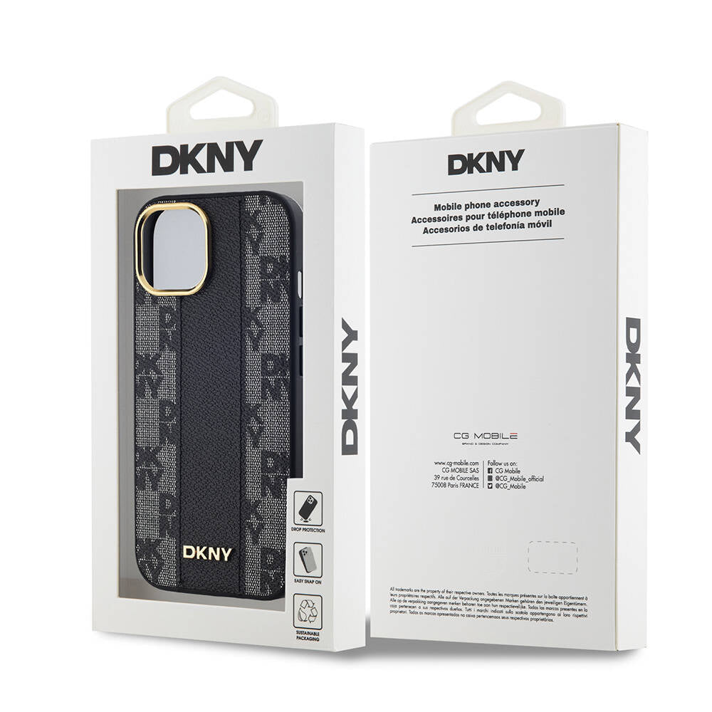 Apple iPhone 15 Plus Kılıf DKNY Orjinal Lisanslı Magsafe Şarj Özellikli 3D Yazılı Checkered Pattern Kapak Siyah