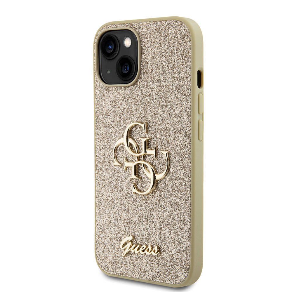 Apple iPhone 15 Plus Kılıf Guess Orjinal Lisanslı 4G Büyük Metal Logolu Glitter Kapak Gold
