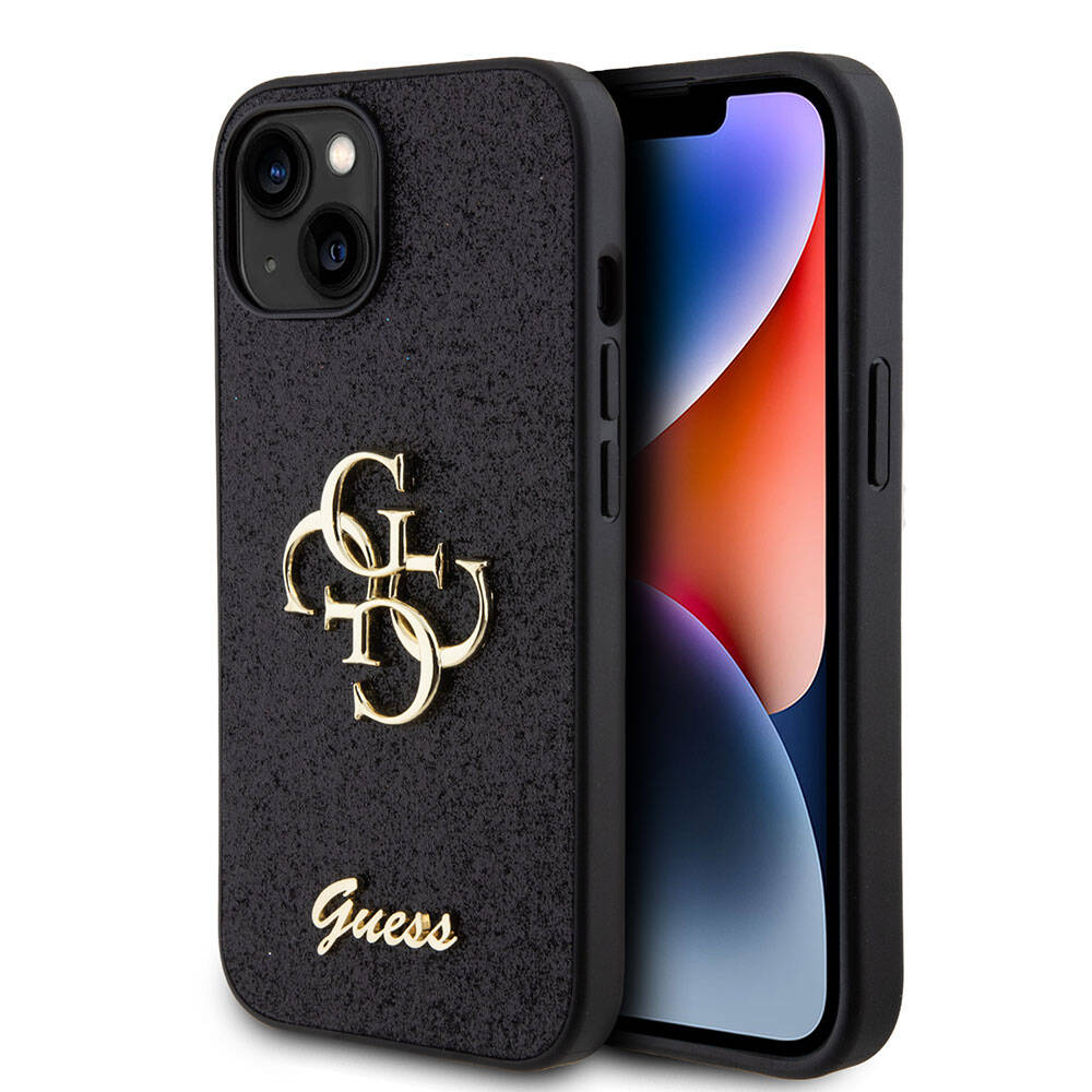 Apple iPhone 15 Plus Kılıf Guess Orjinal Lisanslı 4G Büyük Metal Logolu Glitter Kapak Gold