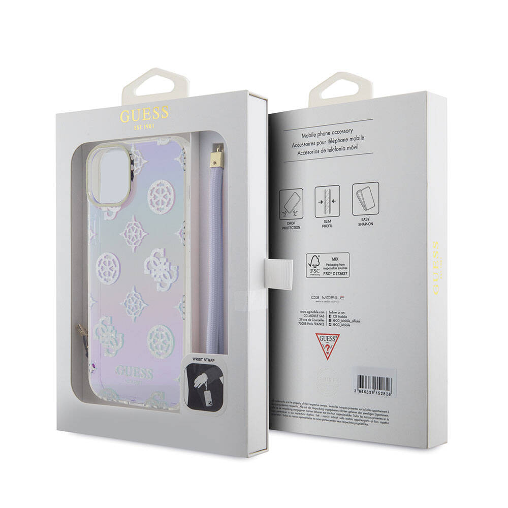 Apple iPhone 15 Plus Kılıf Guess Orjinal Lisanslı Desenli Yazı Logolu Askı İpli Holografik Glitter Peony Kapak Siyah