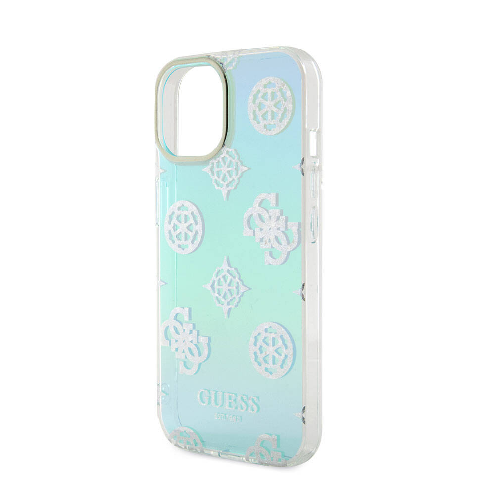 Apple iPhone 15 Plus Kılıf Guess Orjinal Lisanslı Desenli Yazı Logolu Askı İpli Holografik Glitter Peony Kapak Mor