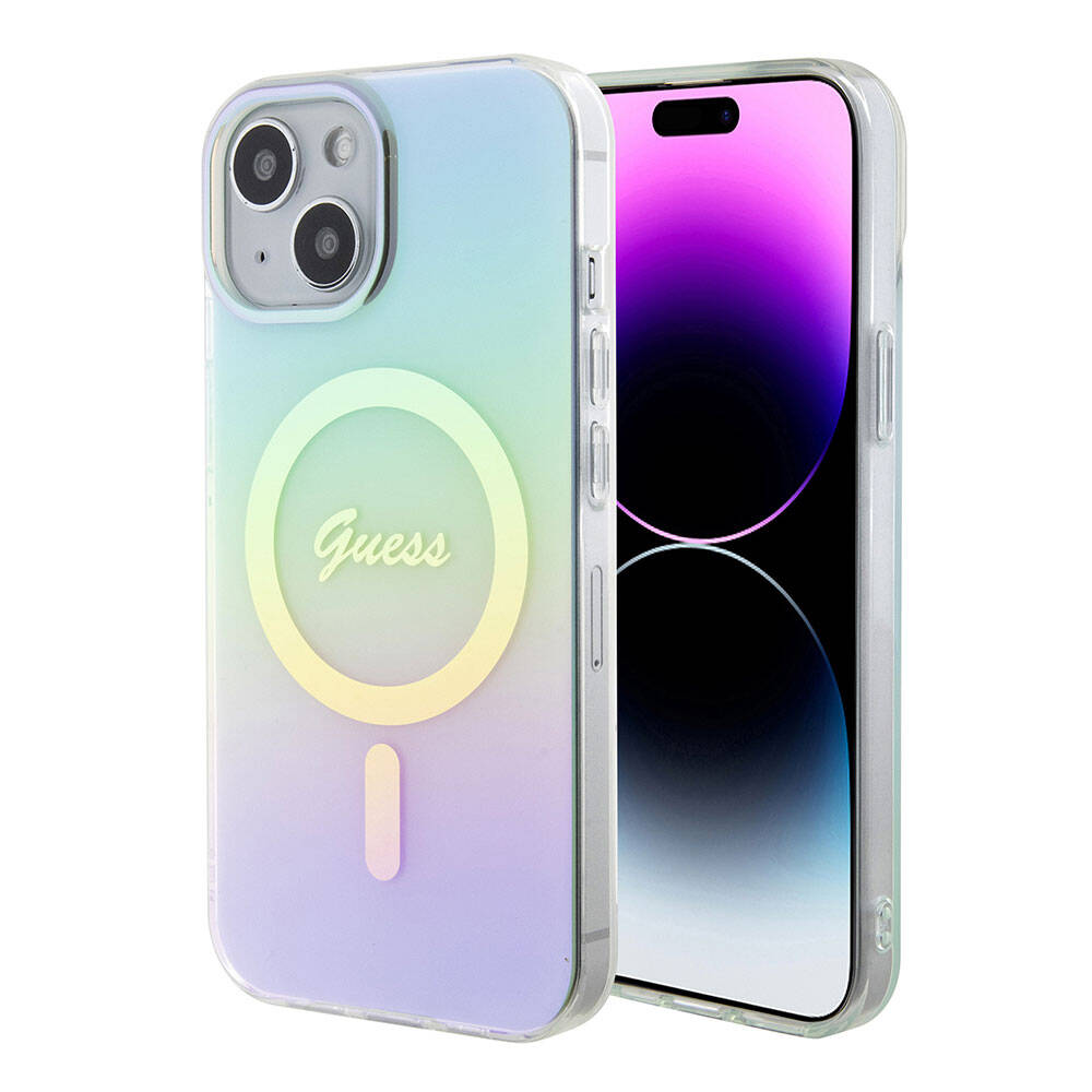 Apple iPhone 15 Plus Kılıf Guess Orjinal Lisanslı Magsafe Şarj Özellikli Yazı Logolu Iridescent Kapak Pembe