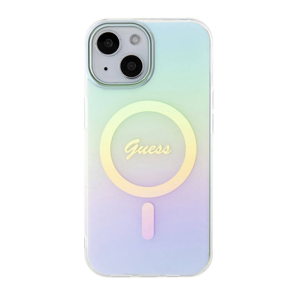 Apple iPhone 15 Plus Kılıf Guess Orjinal Lisanslı Magsafe Şarj Özellikli Yazı Logolu Iridescent Kapak Pembe