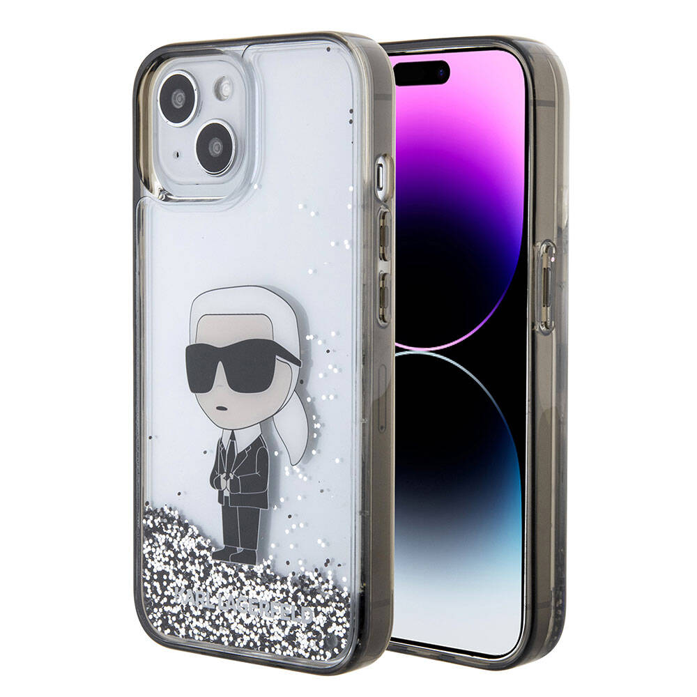 Apple iPhone 15 Plus Kılıf Karl Lagerfeld İkonik Sıvılı Glitter Orjinal Lisanslı Kapak Renksiz