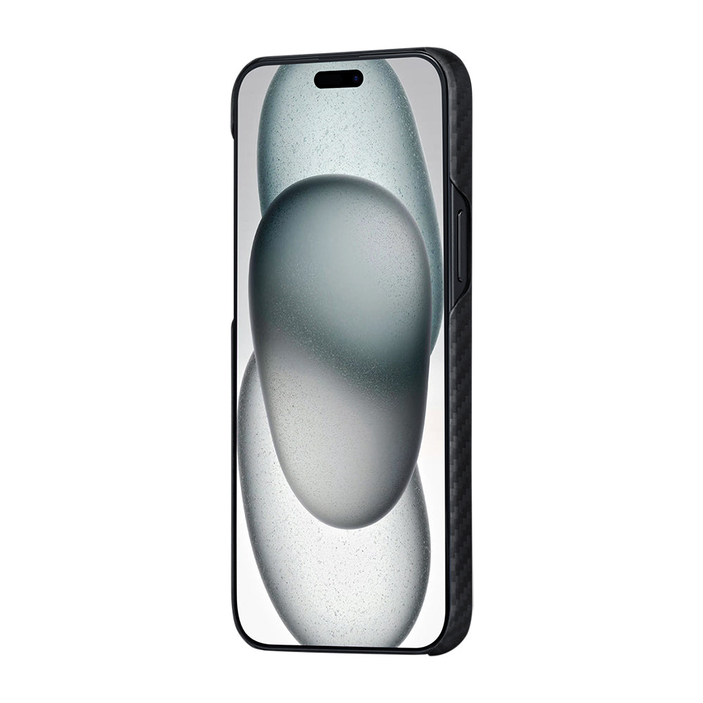 Apple iPhone 15 Plus Kılıf Magsafe Şarj Özellikli 1500D Aramid Fiber Pitaka Ultra-Slim Classic Serisi Black-Grey Twill Kapak Siyah-Gri