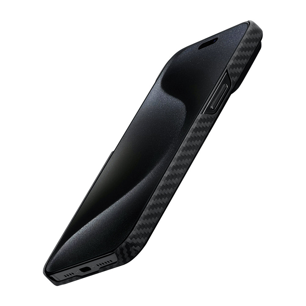 Apple iPhone 15 Plus Kılıf Magsafe Şarj Özellikli 1500D Aramid Fiber Pitaka Ultra-Slim Classic Serisi Black-Grey Twill Kapak Siyah-Gri