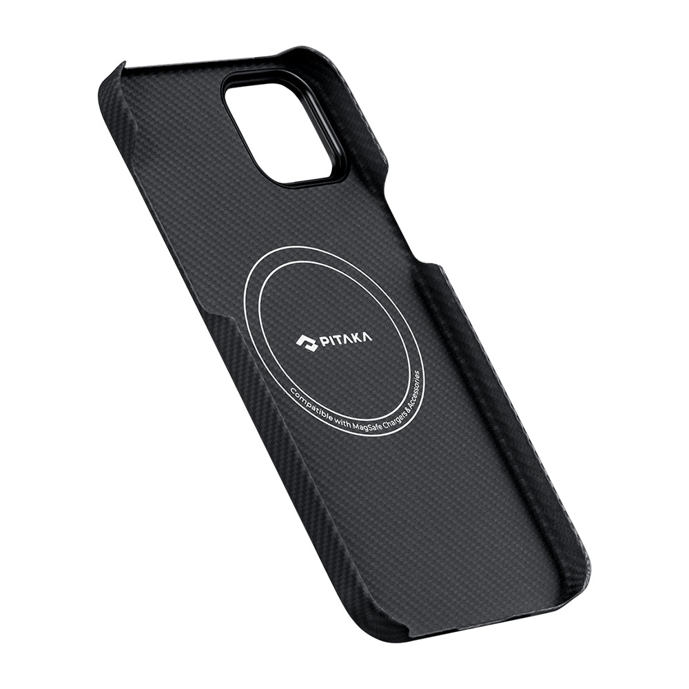 Apple iPhone 15 Plus Kılıf Magsafe Şarj Özellikli 600D Aramid Fiber Pitaka Ultra-Slim Classic Serisi Black-Grey Twill Kapak Siyah-Gri