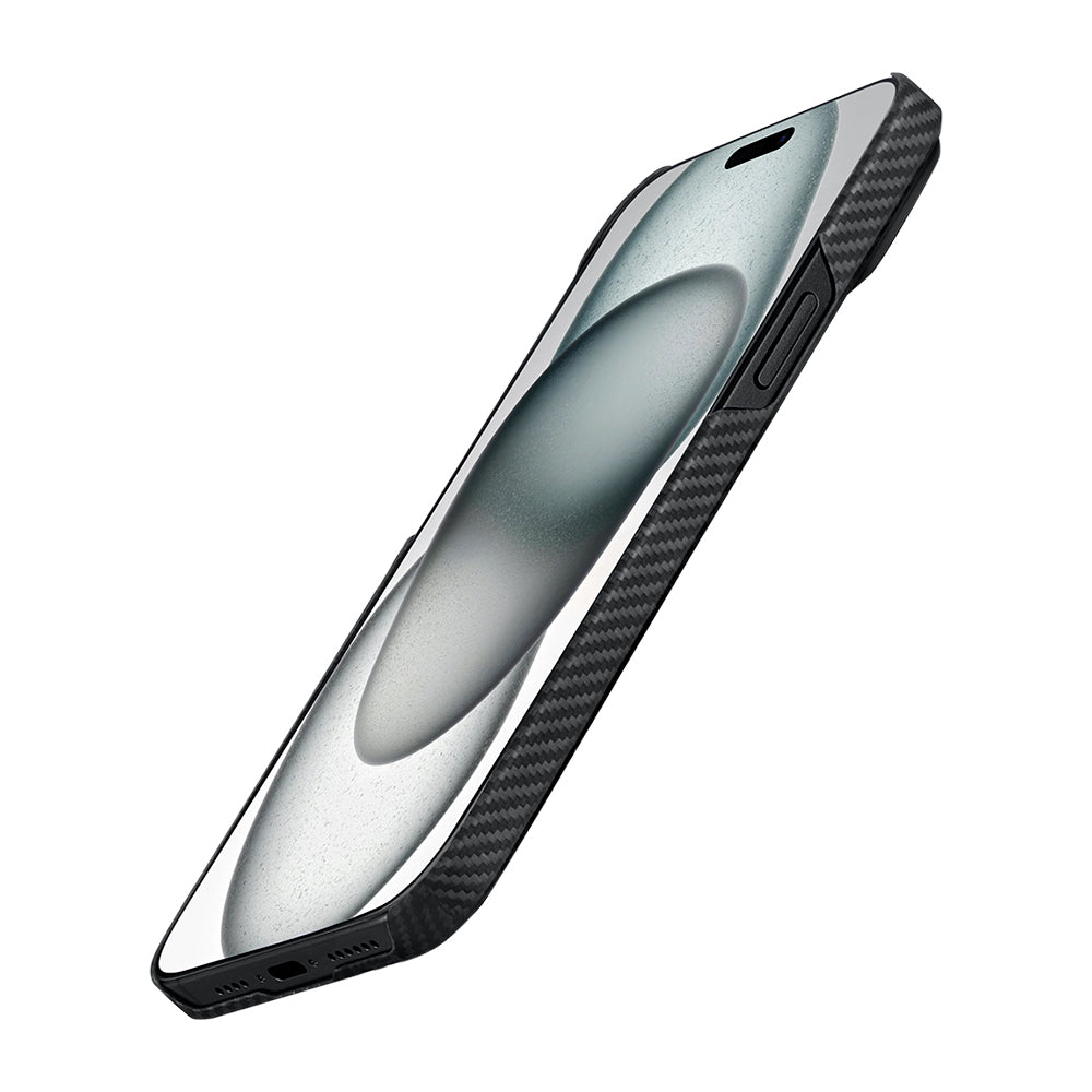 Apple iPhone 15 Plus Kılıf Magsafe Şarj Özellikli 600D Aramid Fiber Pitaka Ultra-Slim Classic Serisi Black-Grey Twill Kapak Siyah-Gri