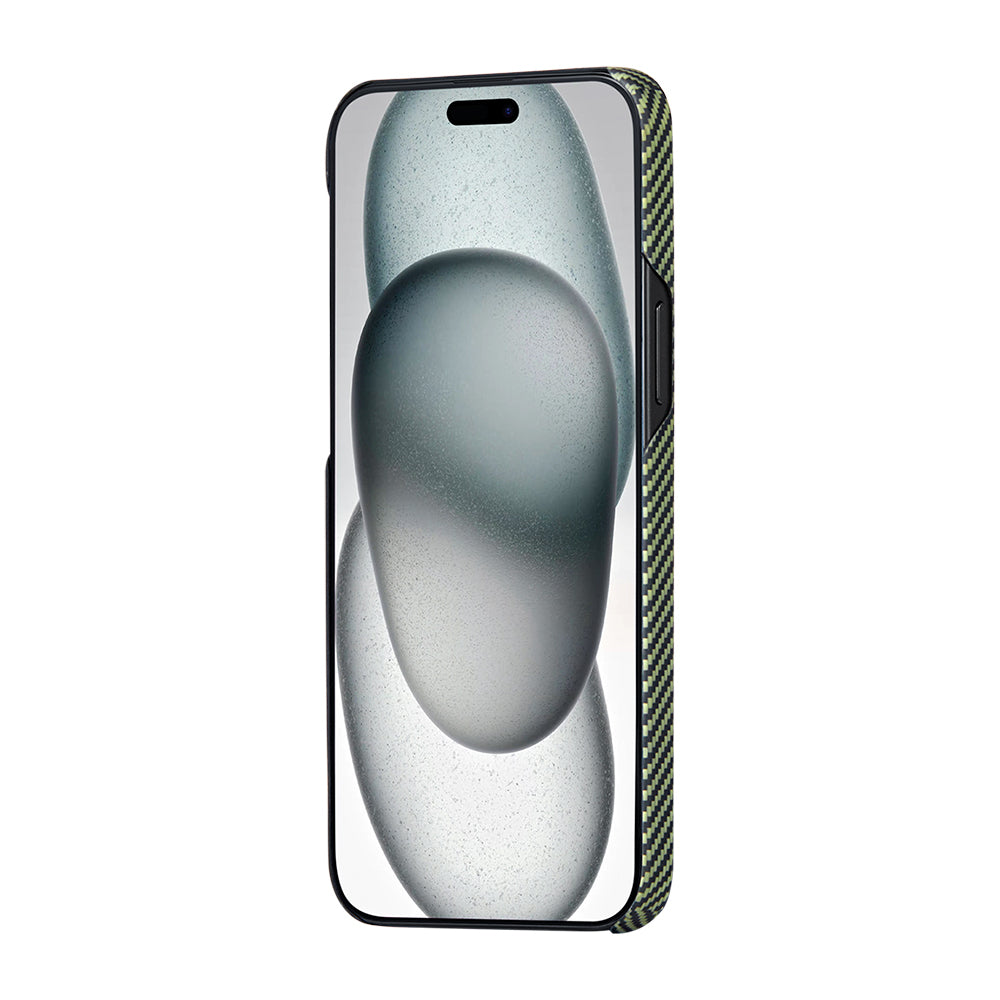 Apple iPhone 15 Plus Kılıf Magsafe Şarj Özellikli 600D Aramid Fiber Pitaka Tactile Woven Orchestra Serisi Overture Kapak Siyah-Yeşil