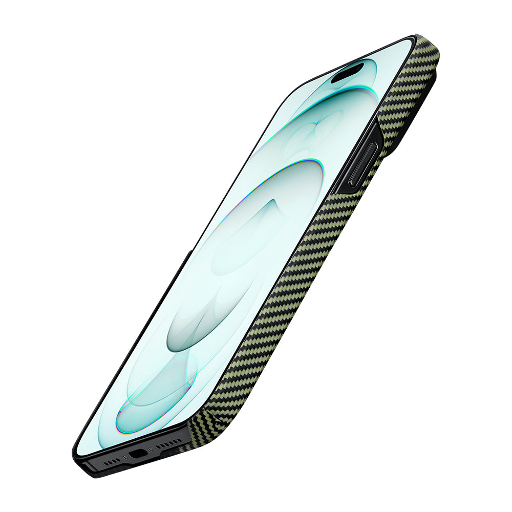 Apple iPhone 15 Plus Kılıf Magsafe Şarj Özellikli 600D Aramid Fiber Pitaka Tactile Woven Orchestra Serisi Overture Kapak Siyah-Yeşil