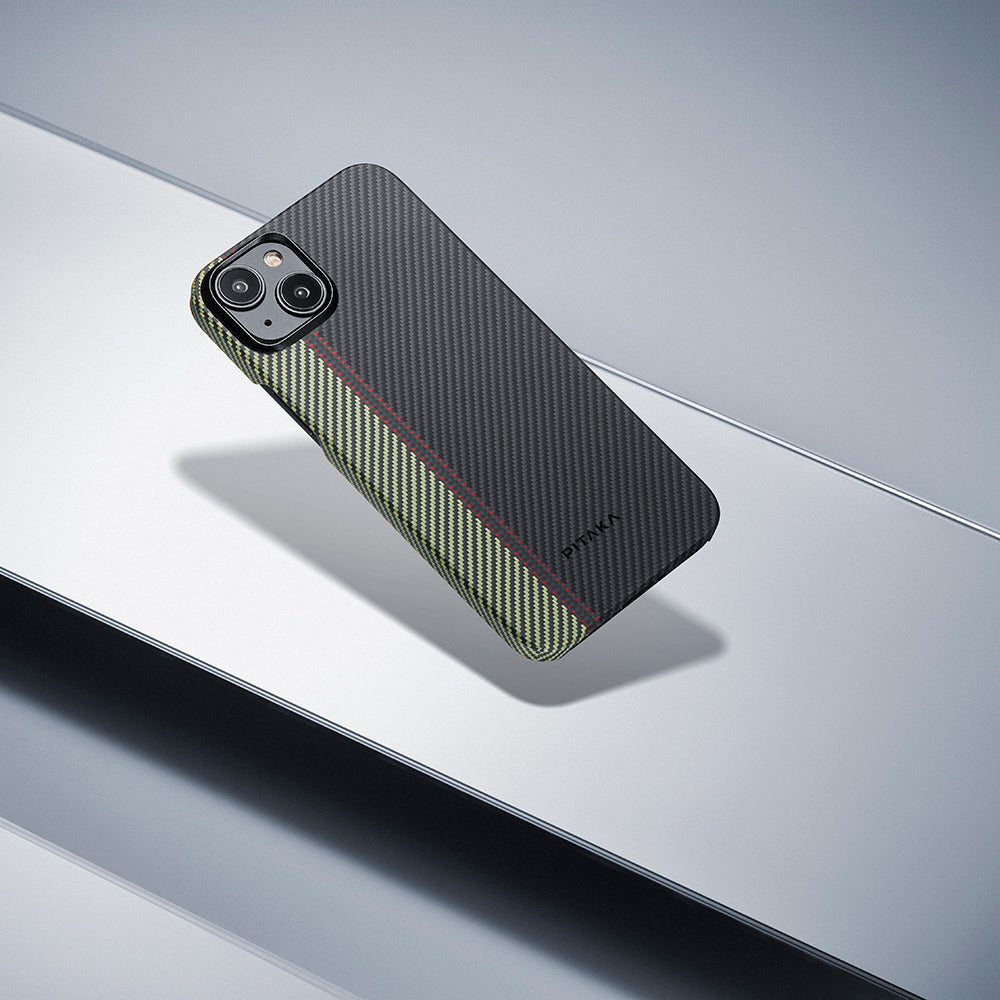 Apple iPhone 15 Plus Kılıf Magsafe Şarj Özellikli 600D Aramid Fiber Pitaka Tactile Woven Orchestra Serisi Overture Kapak Siyah-Yeşil