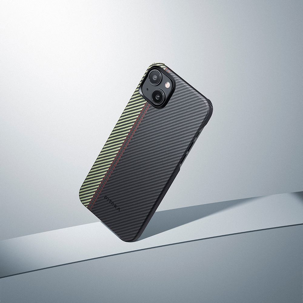 Apple iPhone 15 Plus Kılıf Magsafe Şarj Özellikli 600D Aramid Fiber Pitaka Tactile Woven Orchestra Serisi Overture Kapak Siyah-Yeşil