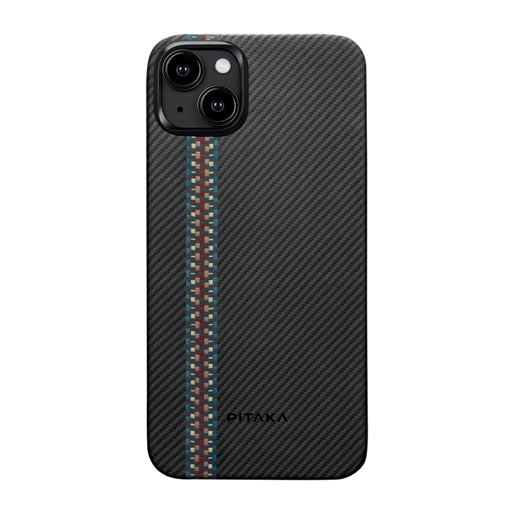 Apple iPhone 15 Plus Kılıf Magsafe Şarj Özellikli 600D Aramid Fiber Pitaka Tactile Woven Orchestra Serisi Rhapsody Kapak Siyah