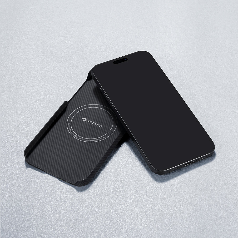 Apple iPhone 15 Plus Kılıf Magsafe Şarj Özellikli 600D Aramid Fiber Pitaka Tactile Woven Orchestra Serisi Rhapsody Kapak Siyah