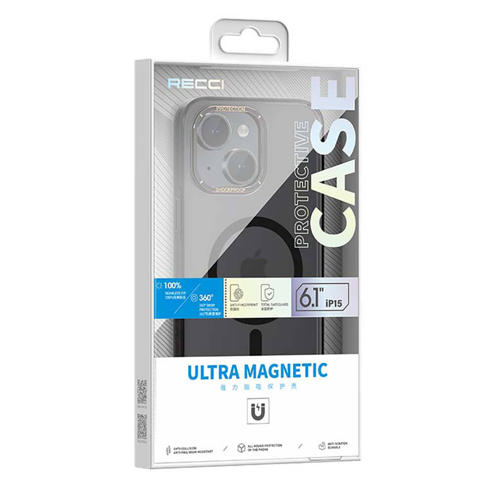 Apple iPhone 15 Plus Kılıf Magsafe Şarj Özellikli Cam Arka Yüzey Recci Michelin Serisi Kapak Siyah