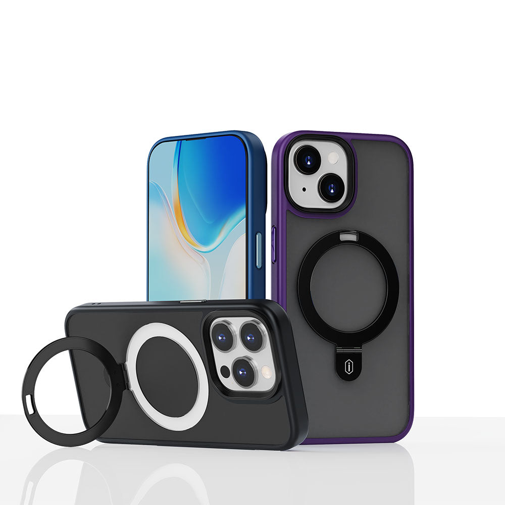 Apple iPhone 15 Plus Kılıf Wiwu ZMM-010 Magsafe Şarj Özellikli Mat Arka Yüzey Standlı Kapak Siyah