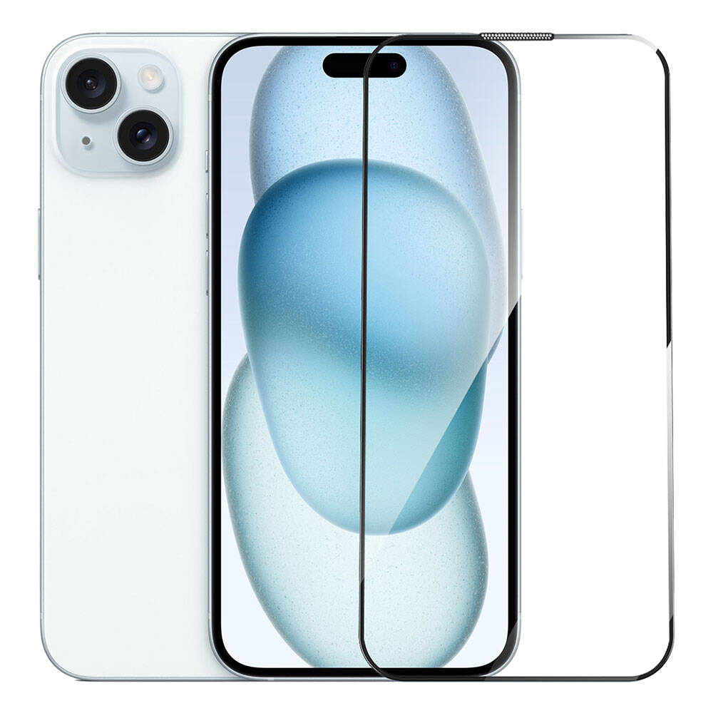 Apple iPhone 15 Plus Wiwu GT-009 Polimer Oleofobik Kaplama Şeffaf Pürüzsüz Temperli Cam Ekran Koruyucu Siyah