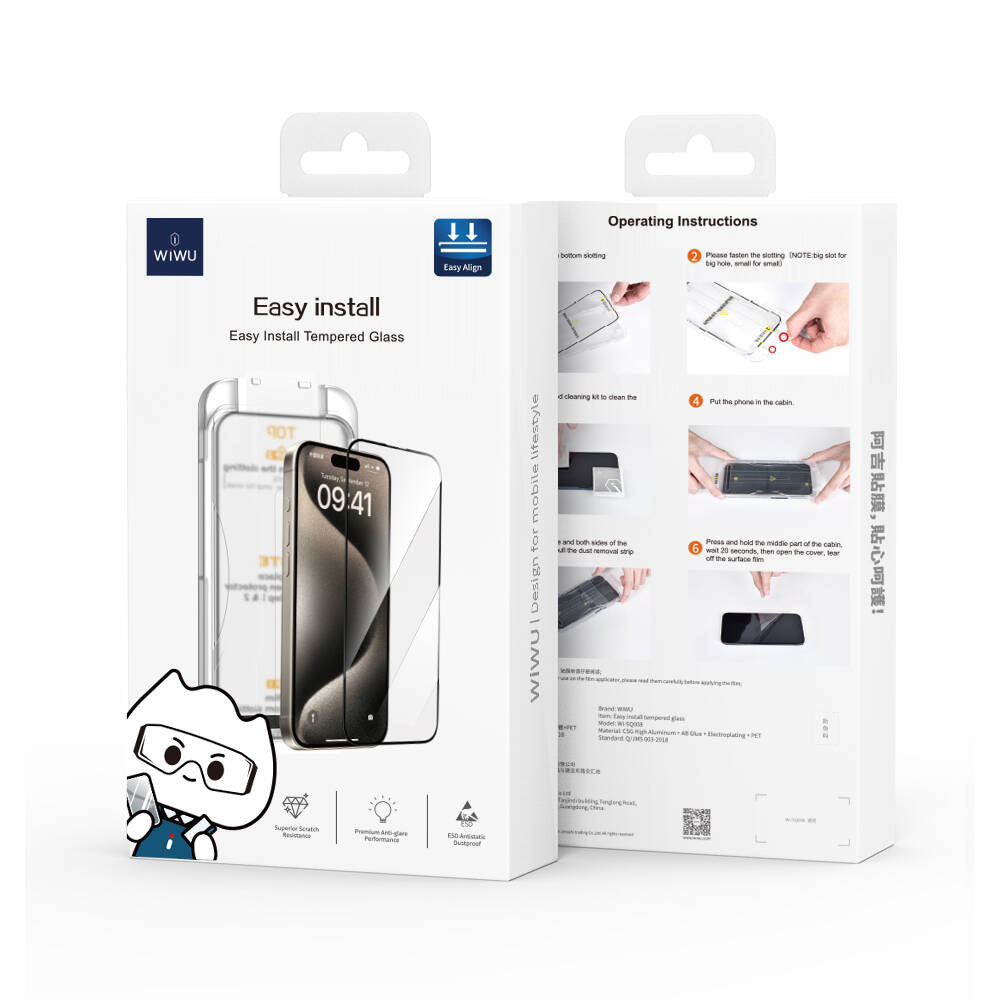 Apple iPhone 15 Plus Wiwu SQ-008 Oleofobik Easy Install Darbeye Karşı Dayanıklı Temperli Cam Ekran Koruyucu + Kolay Uygulama Aparatlı Siyah