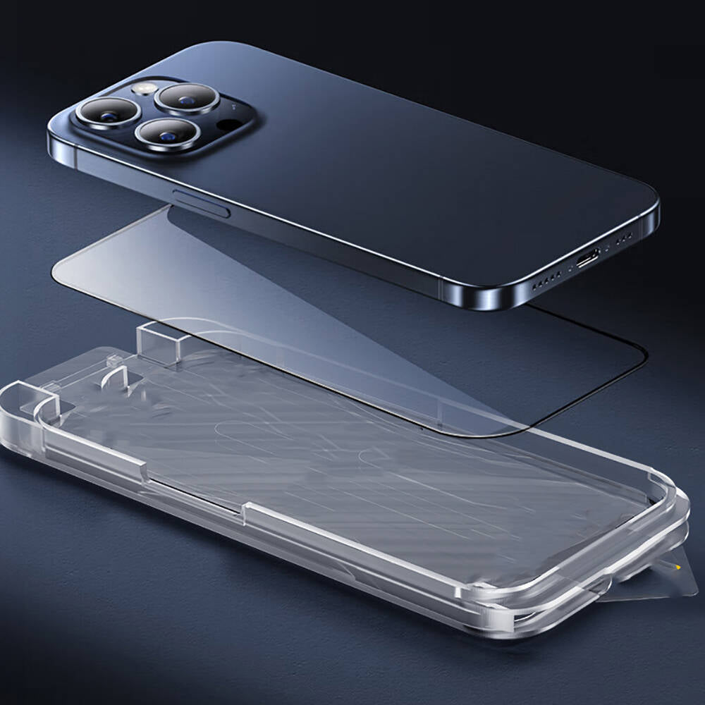 Apple iPhone 15 Plus Wiwu SQ-008 Oleofobik Easy Install Darbeye Karşı Dayanıklı Temperli Cam Ekran Koruyucu + Kolay Uygulama Aparatlı Siyah
