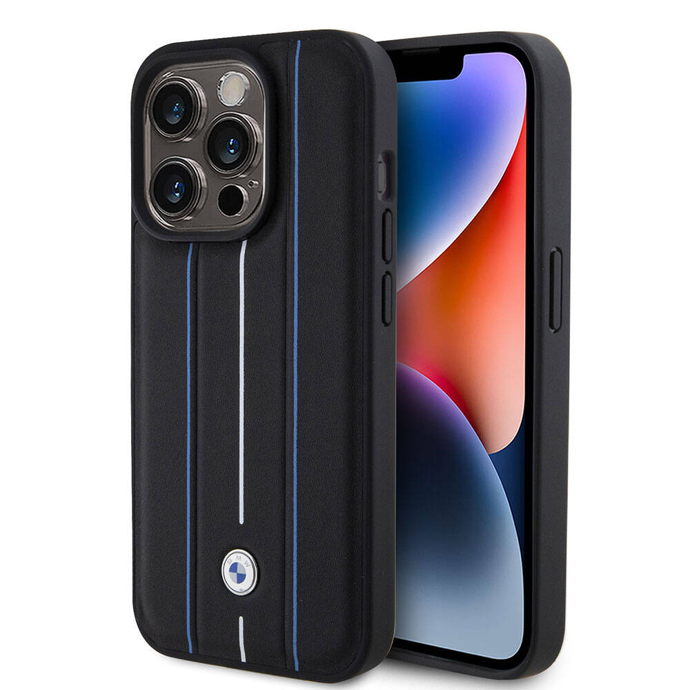Apple iPhone 15 Pro Kılıf BMW Deri Görünümlü Blue Lines Orjinal Lisanslı Kapak Siyah