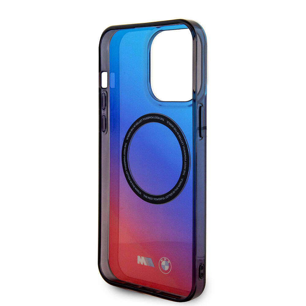 Apple iPhone 15 Pro Kılıf BMW Magsafe Şarj Özellikli Transparan Renk Geçişli Dizayn Orjinal Lisanslı Kapak Mavi-Kırmızı