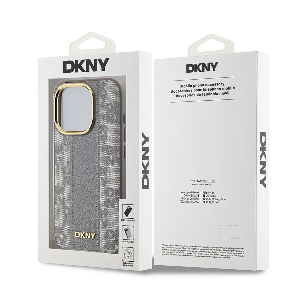 Apple iPhone 15 Pro Kılıf DKNY Orjinal Lisanslı Magsafe Şarj Özellikli 3D Yazılı Checkered Pattern Kapak Krem
