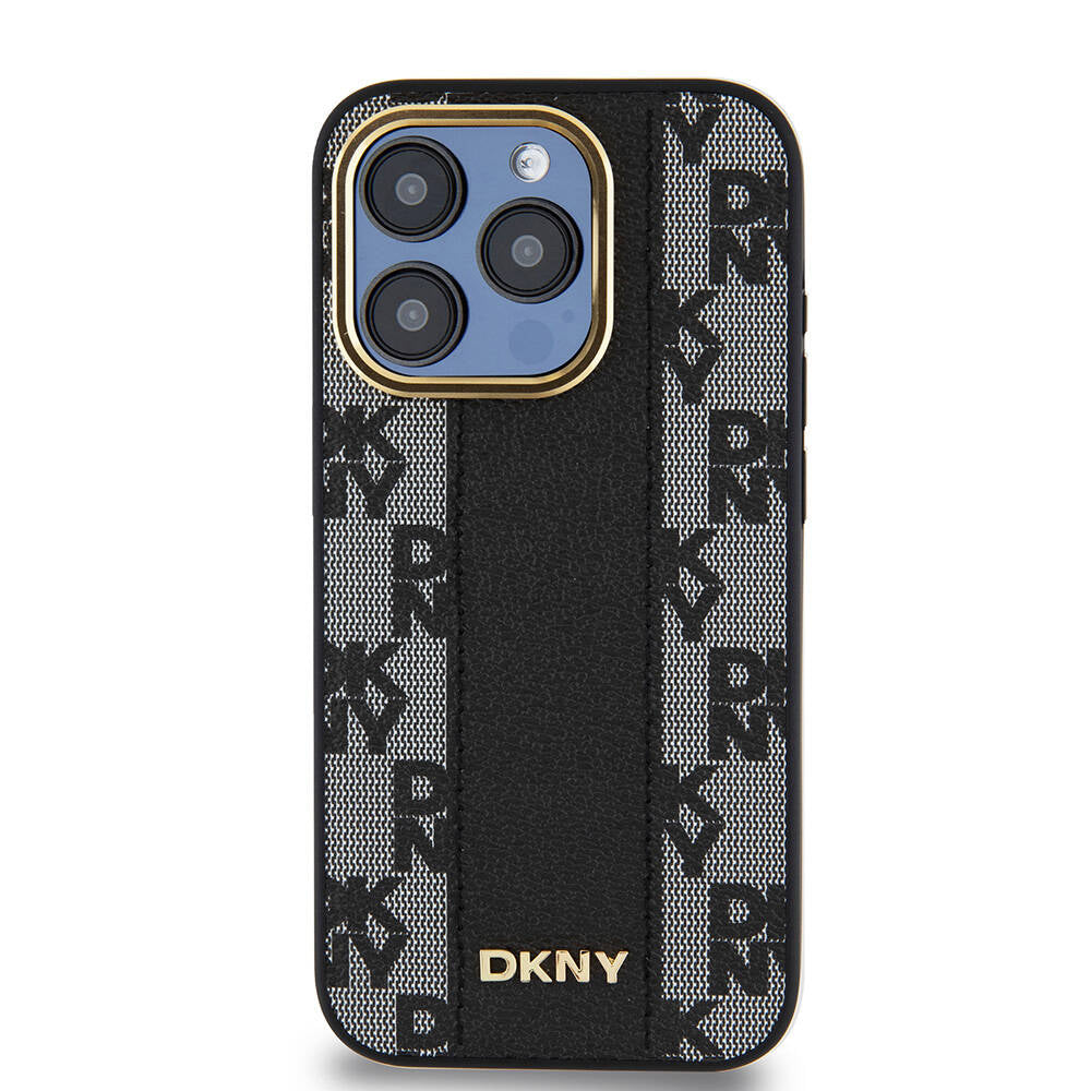 Apple iPhone 15 Pro Kılıf DKNY Orjinal Lisanslı Magsafe Şarj Özellikli 3D Yazılı Checkered Pattern Kapak Krem