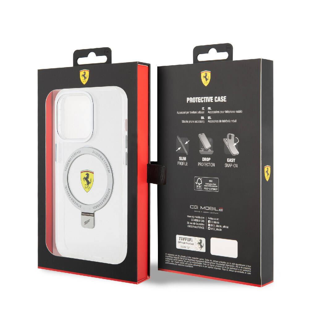 Apple iPhone 15 Pro Kılıf Ferrari Magsafe Şarj Özellikli Standlı Buzlu Yüzey Dizayn Kapak Transparan Siyah