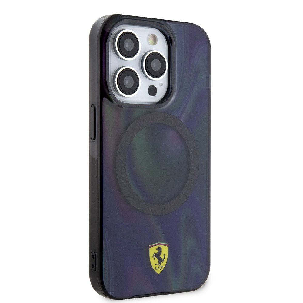 Apple iPhone 15 Pro Kılıf Ferrari Orjinal Lisanslı Magsafe Şarj Özellikli Transparan Renk Geçişli Iridescent Kapak Siyah