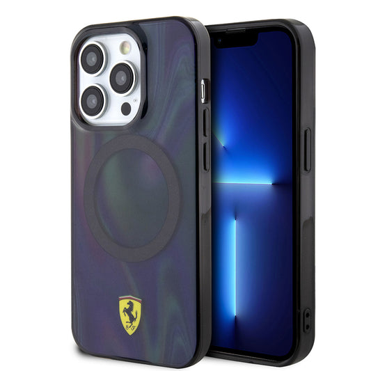 Apple iPhone 15 Pro Kılıf Ferrari Orjinal Lisanslı Magsafe Şarj Özellikli Transparan Renk Geçişli Iridescent Kapak Siyah