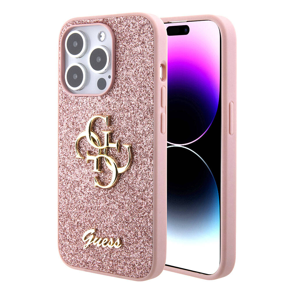 Apple iPhone 15 Pro Kılıf Guess Orjinal Lisanslı 4G Büyük Metal Logolu Glitter Kapak Pembe